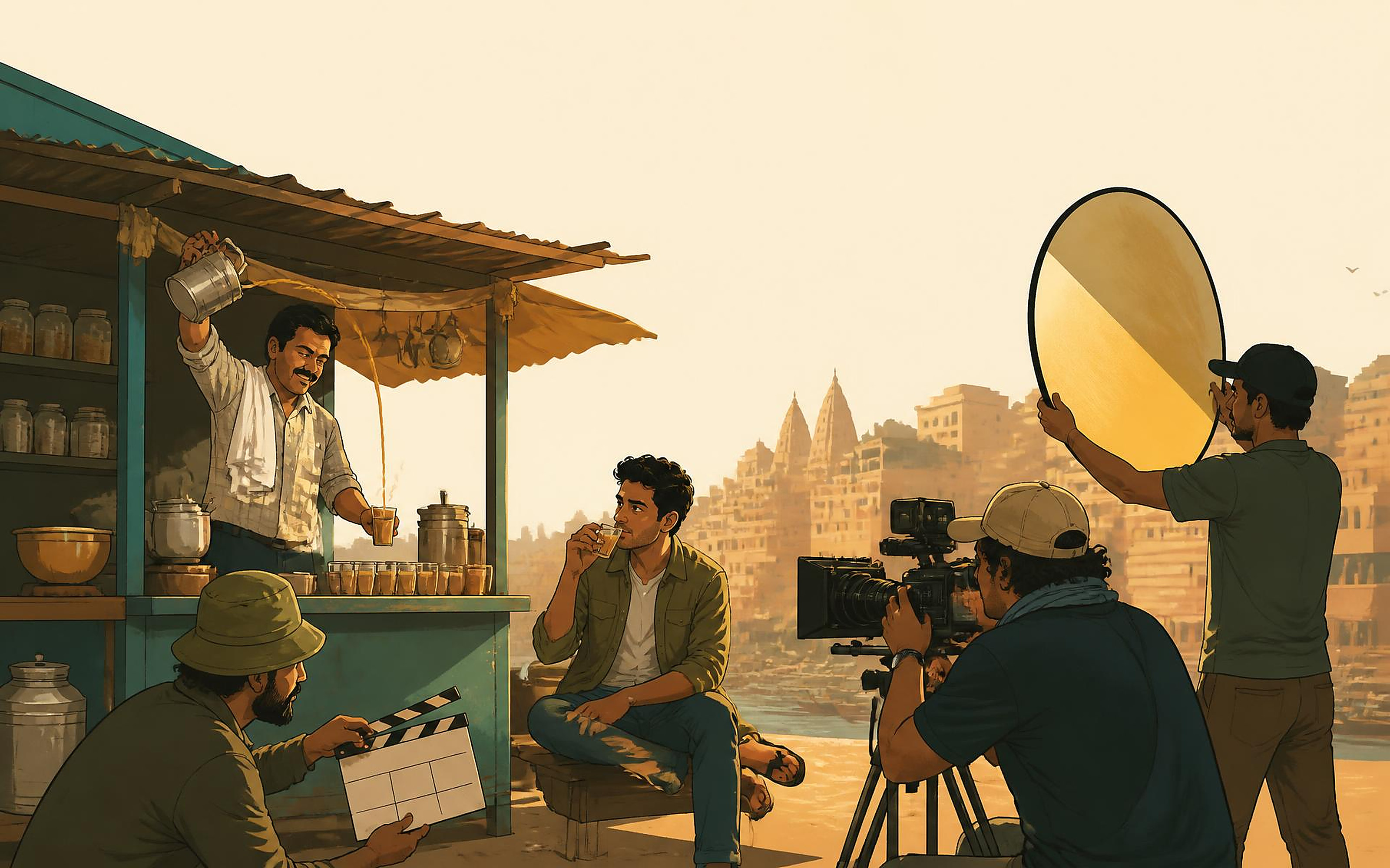 Camera team filming a chai wala pouring cutting chai in morning light