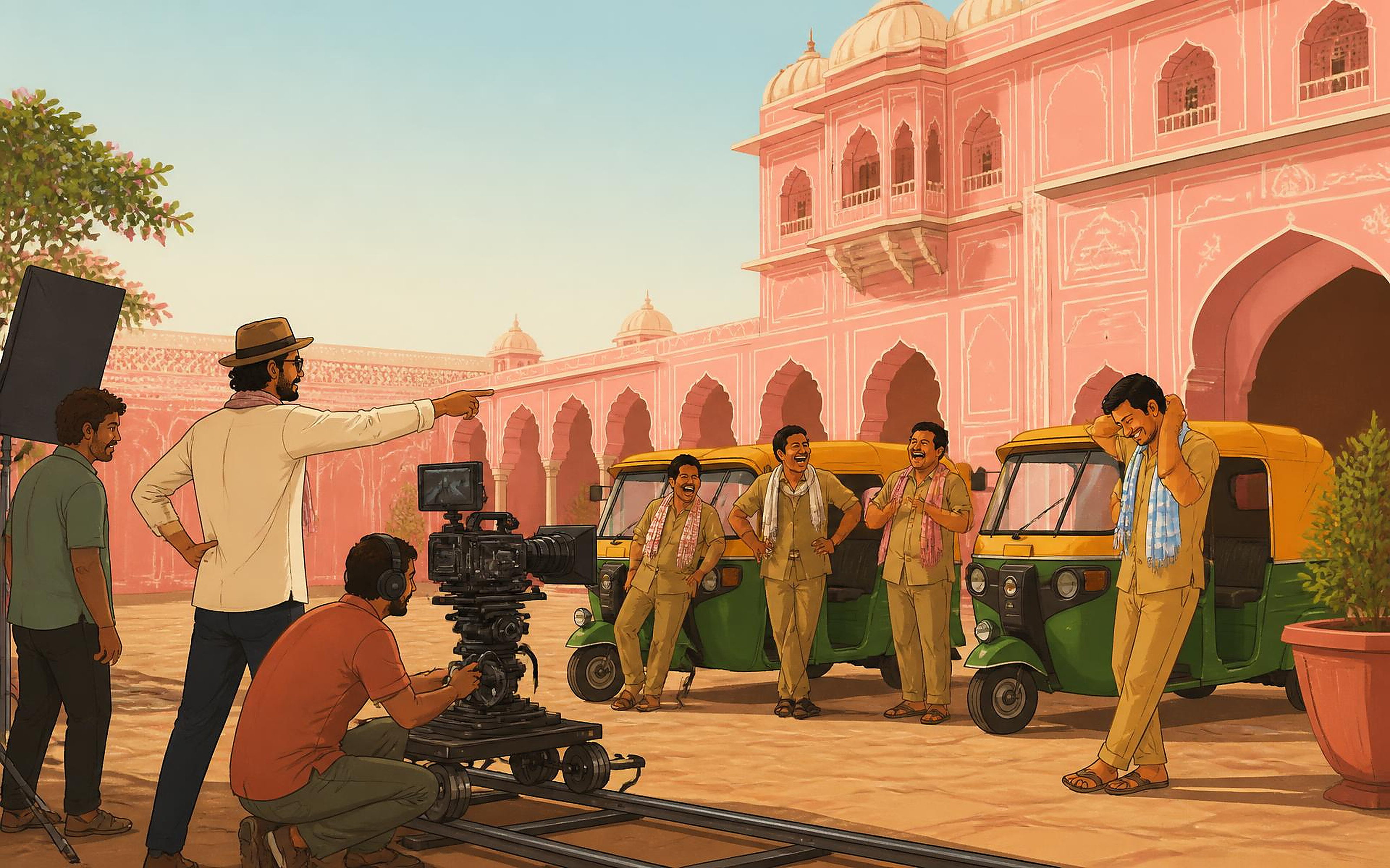 Unit shooting laughing auto rickshaw drivers outside a pink Jaipur haveli