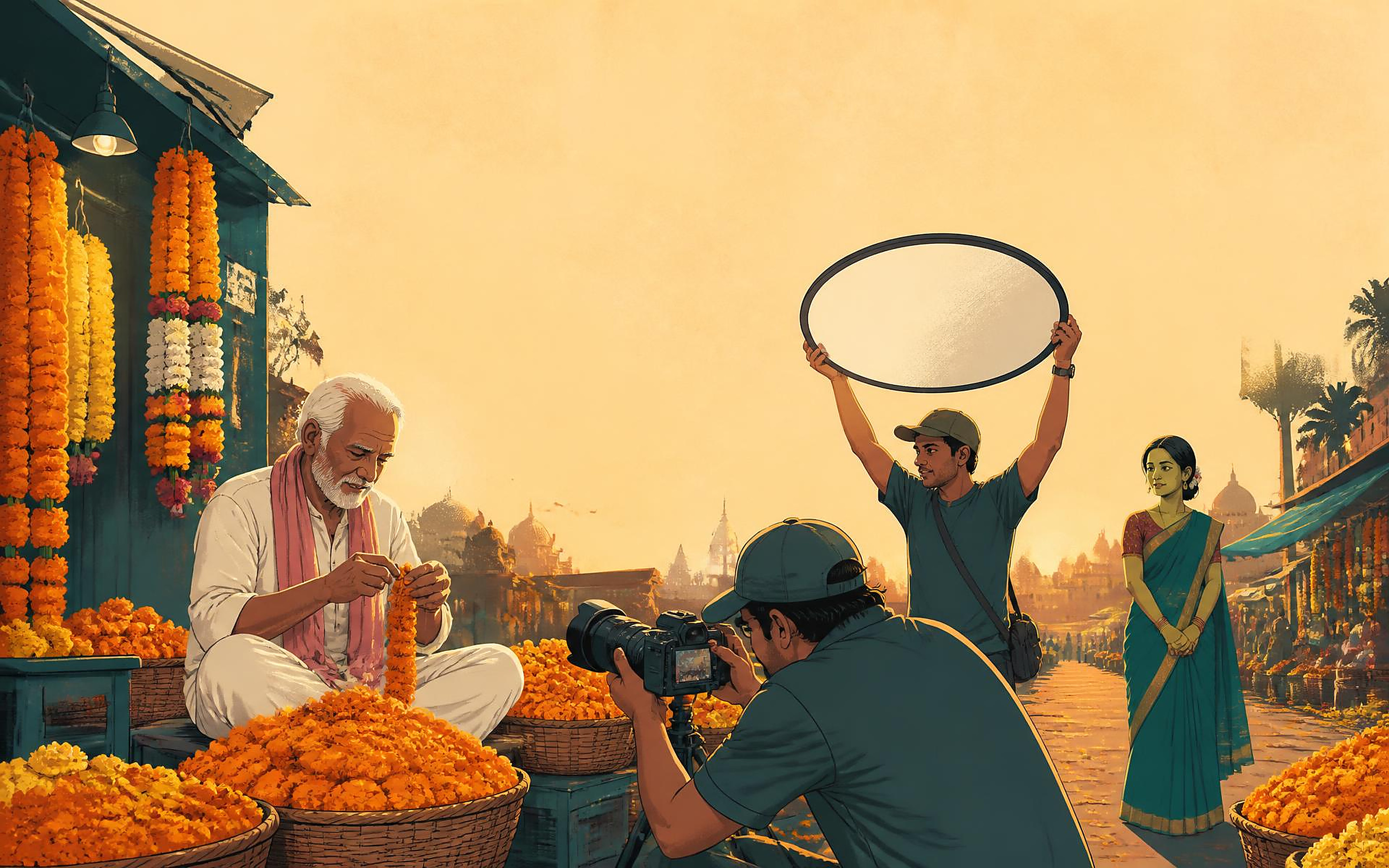 Cinematographer filming a flower vendor threading a marigold garland