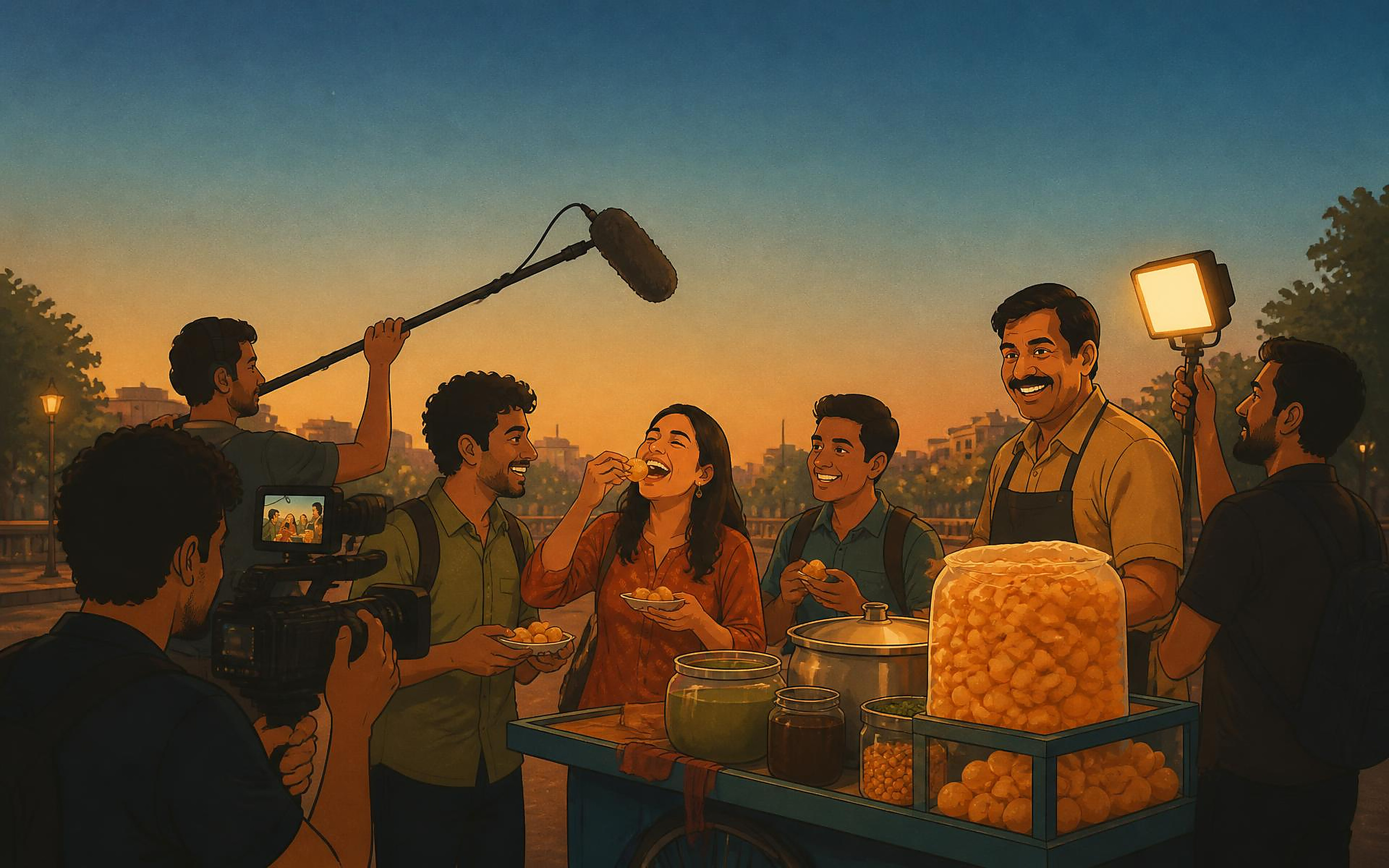 Crew capturing friends laughing over pani puri at a street cart