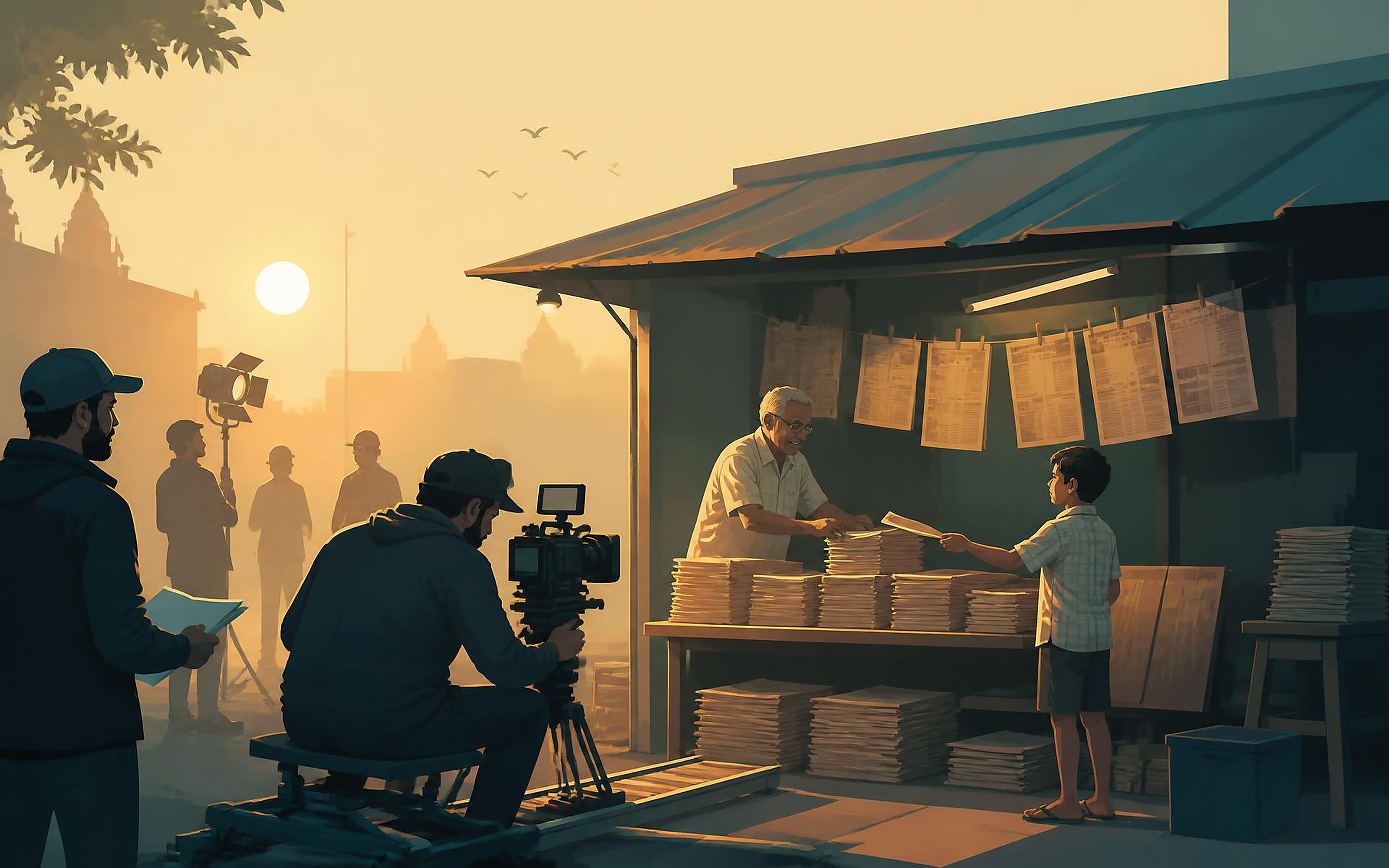 Dawn shoot of a newspaper vendor handing a paper to a young boy