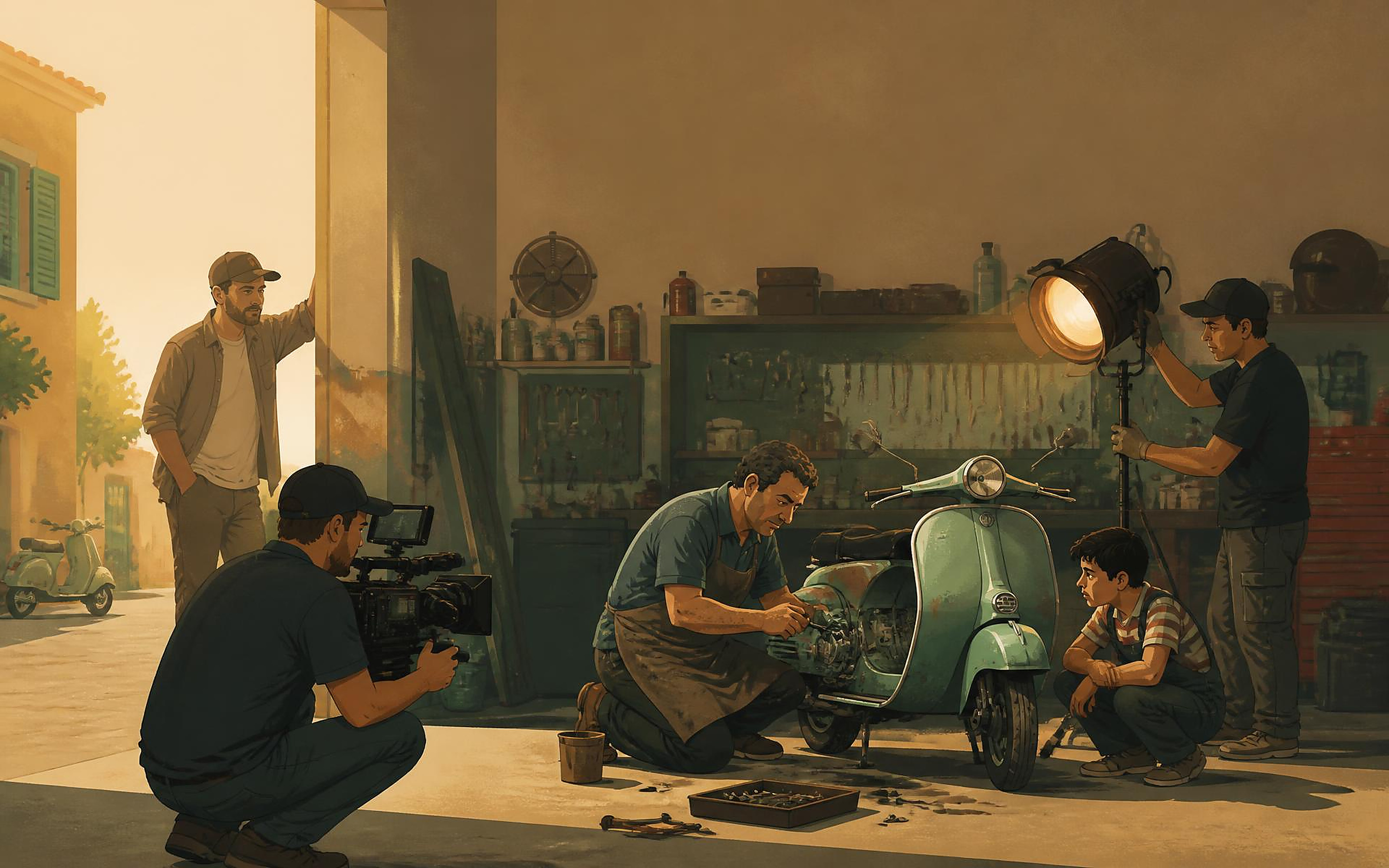 Documentary crew filming a mechanic repairing a vintage scooter