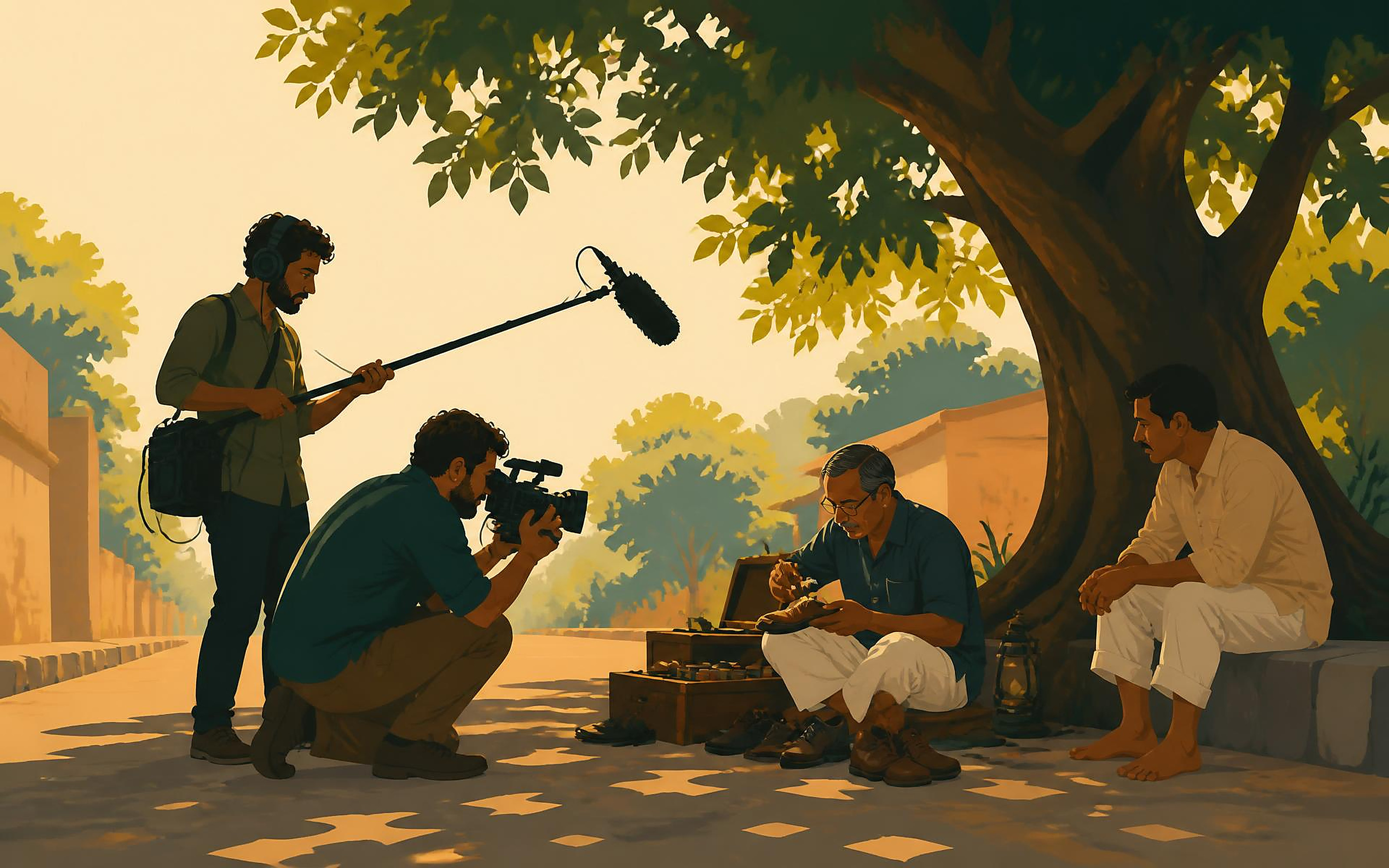 Sound and camera team filming a roadside cobbler under a tree